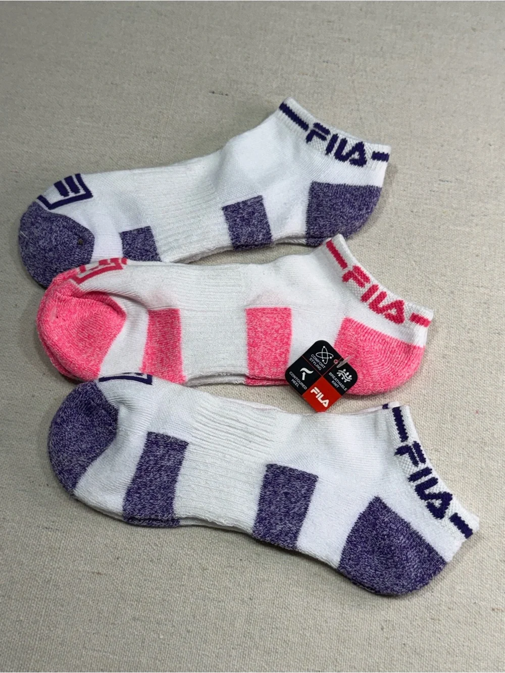 Fila White Low-Cut Socks with Pink and Purple Accents - 3 Pack - NWT